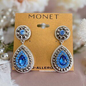 Monet Silver Tone/Blue 2" Post Back Earrings-NWOT